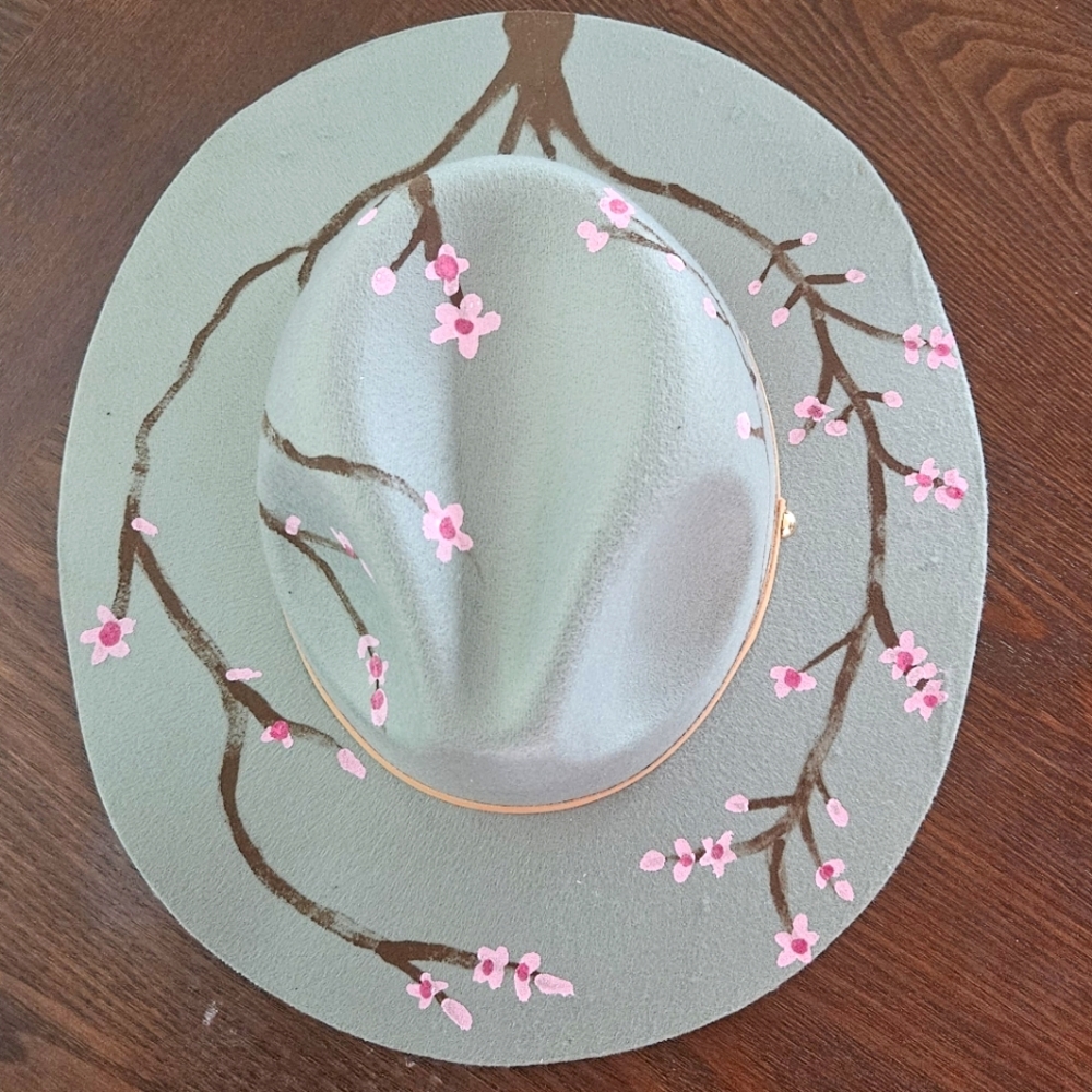 Light green Felt Fedora with pink cherry blossoms